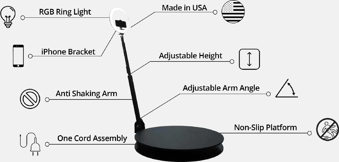 360 Photo Booth Deluxe Package 45" (Automatic Spin) photo booth diagram - 360 Photo Booth Deluxe Package 45" (Automatic Spin) - top-rated-manual-automatic-360-photo-booths, automatic-photo-booths
